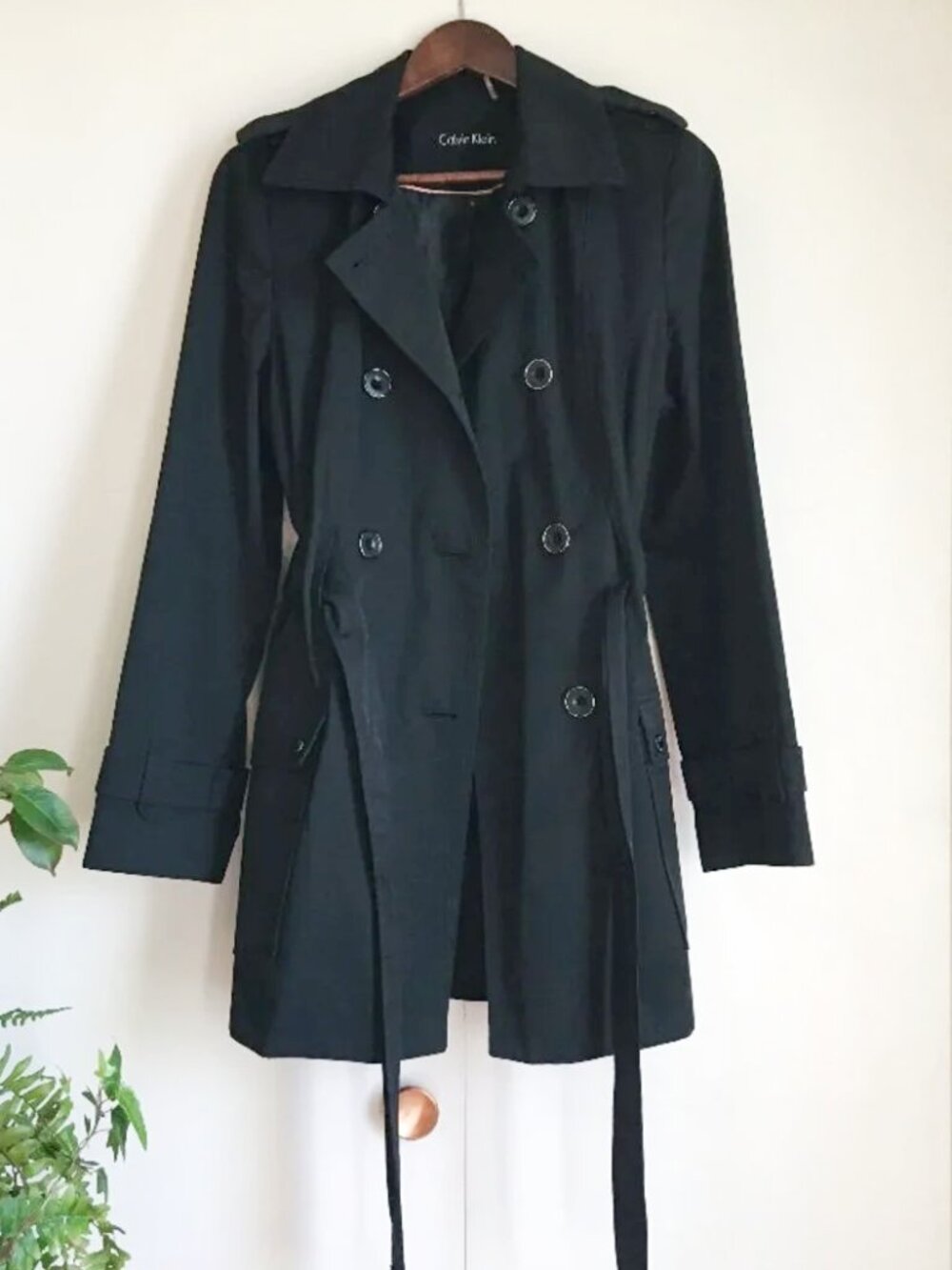 Stylish Calvin Klein Black Belted Cotton Blend Double Breasted Trench Coat - M